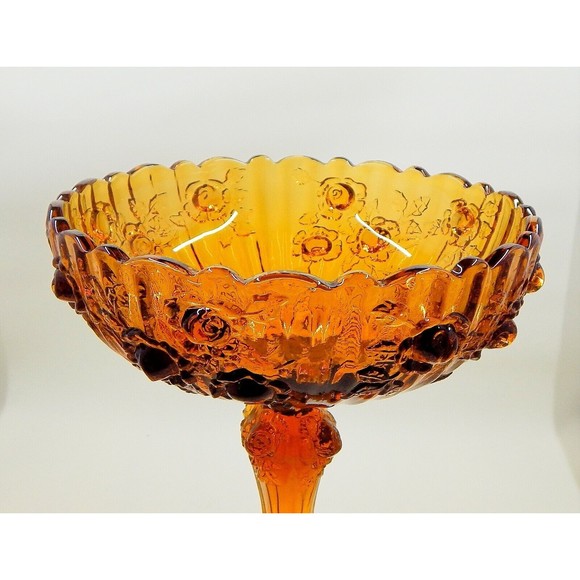 Fenton Cabbage Rose Amber Compote Pedestal Bowl Candy Dish - Picture 10 of 12